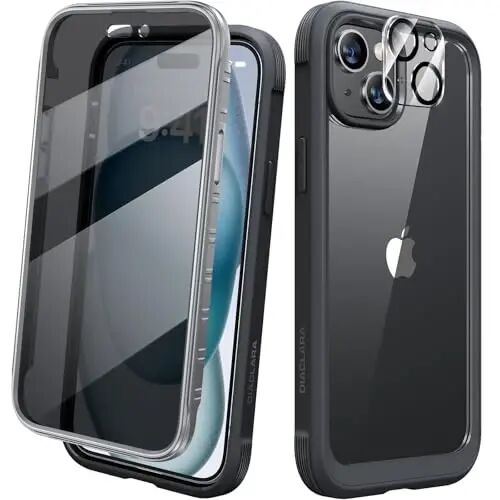 Diaclara Designed for iPhone 15 Case 6.1 Inch,Upgraded Full Body Rugged Clear Bumper Case with Built-in Privacy Screen Protector for iPhone 15,Black - DIACLARA