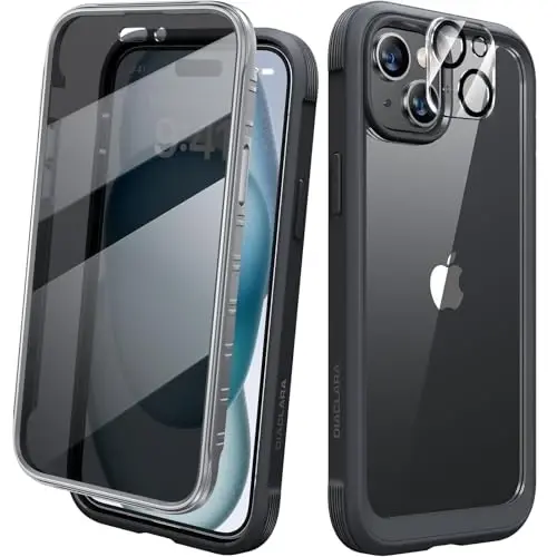 Diaclara Designed for iPhone 15 Case 6.1 Inch,Upgraded Full Body Rugged Clear Bumper Case with Built-in Privacy Screen Protector for iPhone 15,Black - 1