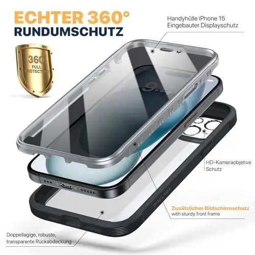 Diaclara Designed for iPhone 15 Case 6.1 Inch,Upgraded Full Body Rugged Clear Bumper Case with Built-in Privacy Screen Protector for iPhone 15,Black - 5
