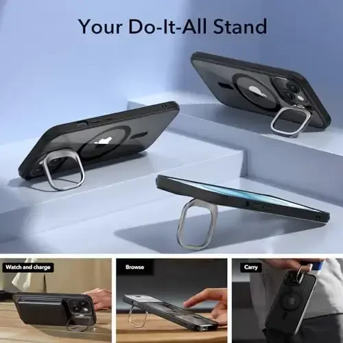 ESR for iPhone 15 Case, Compatible with MagSafe, Military-Grade Protective Case, Built-in Stash Stand Phone Case, Scratch-Resistant Back Cover, Classic Series, Clear Black - 6