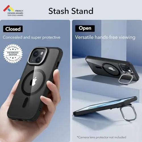 ESR for iPhone 15 Case, Compatible with MagSafe, Military-Grade Protective Case, Built-in Stash Stand Phone Case, Scratch-Resistant Back Cover, Classic Series, Clear Black - 3