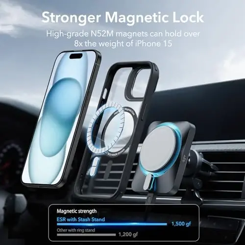 ESR for iPhone 15 Case, Compatible with MagSafe, Military-Grade Protective Case, Built-in Stash Stand Phone Case, Scratch-Resistant Back Cover, Classic Series, Clear Black - 5
