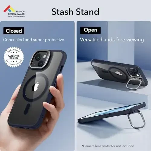 ESR for iPhone 15 Case, Compatible with MagSafe, Military-Grade Protective Case, Built-in Stash Stand Phone Case, Scratch-Resistant Back Cover, Classic Series, Clear Dark Blue - ESR (1)