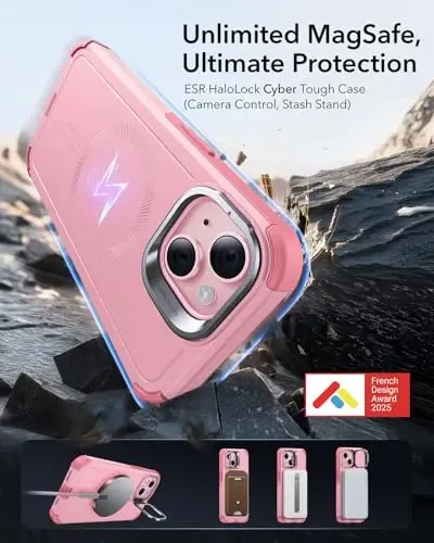 ESR for iPhone 15 Case with Stand, 23 ft Military-Grade Drop Protection Heavy Duty Magnetic Phone Case, Compatible with MagSafe Accessories, Cyber Series, Pink - ESR (1)