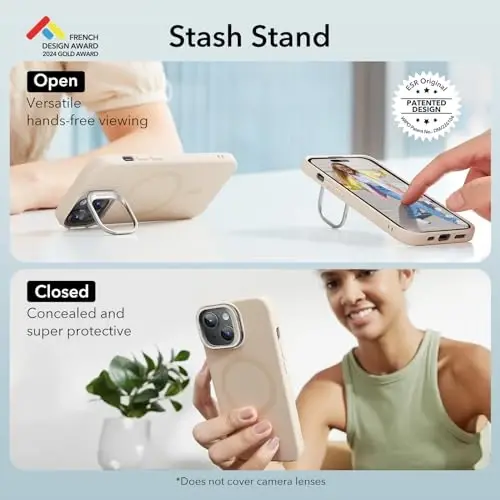 ESR for iPhone 15 Case, MagSafe Silicone Case with Stand, Military-Grade Protection, Built-in Camera Stash Stand, Magnetic Phone Case for iPhone 15, Cloud Series, Light Tan - 3