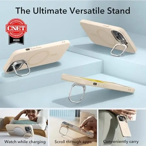 ESR for iPhone 15 Case, MagSafe Silicone Case with Stand, Military-Grade Protection, Built-in Camera Stash Stand, Magnetic Phone Case for iPhone 15, Cloud Series, Light Tan - 5