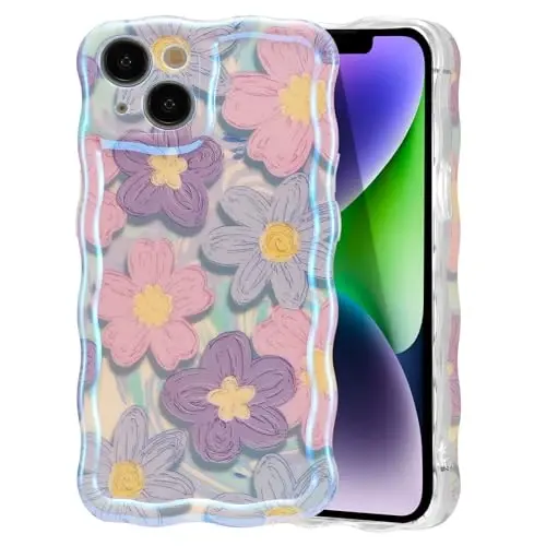 iPhone 15 için EYZUTAK Kılıfı, Renkli Retro Yağlı Boya Çiçek Lazer Parlak Tasarım Sevimli Kıvrımlı Dalgalar Kenar Zarif Telefon Kapağı Şık Dayanıklı TPU Koruyucu Kılıf Kızlar Kadınlar için - Pembe Mor 