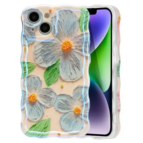 EYZUTAK Case for iPhone 15, Colorful Retro Oil Painting Flower Leaves Laser Glossy Pattern Cute Curly Waves Edge Exquisite Phone Cover Stylish Durable TPU Protective Case for Girls Women - Blue Green 