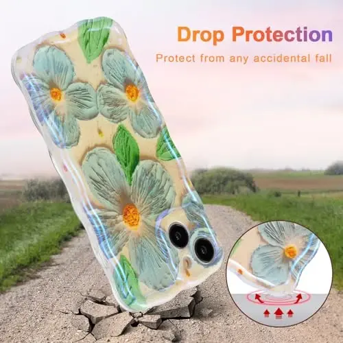 EYZUTAK Case for iPhone 15, Colorful Retro Oil Painting Flower Leaves Laser Glossy Pattern Cute Curly Waves Edge Exquisite Phone Cover Stylish Durable TPU Protective Case for Girls Women - Blue Green - 3