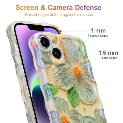 EYZUTAK Case for iPhone 15, Colorful Retro Oil Painting Flower Leaves Laser Glossy Pattern Cute Curly Waves Edge Exquisite Phone Cover Stylish Durable TPU Protective Case for Girls Women - Blue Green - 4
