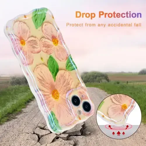 EYZUTAK Case for iPhone 15, Colorful Retro Oil Painting Flower Leaves Laser Glossy Pattern Cute Curly Waves Edge Exquisite Phone Cover Stylish Durable TPU Protective Case for Girls Women - Pink Green - 3