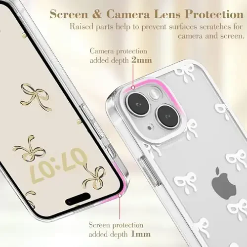 EYZUTAK Case for iPhone 15, Clear Cute Ribbon Bowknot Pattern Aesthetic Transparent Phone Case Raised Camera Protection Stylish Slim Soft Durable TPU Protective Cover for Women Girls - White - 2