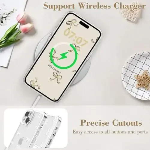 EYZUTAK Case for iPhone 15, Clear Cute Ribbon Bowknot Pattern Aesthetic Transparent Phone Case Raised Camera Protection Stylish Slim Soft Durable TPU Protective Cover for Women Girls - White - 5