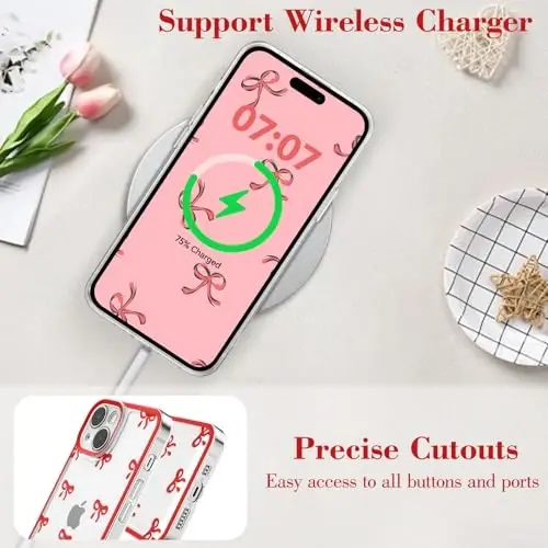 EYZUTAK Case for iPhone 15, Clear Cute Ribbon Bowknot Pattern Aesthetic Transparent Phone Case Raised Camera Protection Stylish Slim Soft Durable TPU Protective Cover for Women Girls - Red - 5
