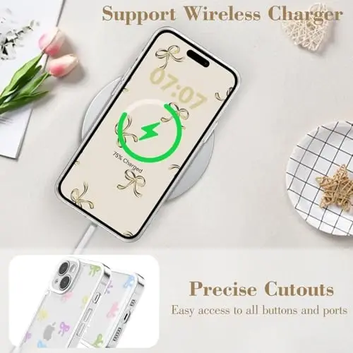 EYZUTAK Case for iPhone 15, Clear Cute Ribbon Bowknot Pattern Aesthetic Transparent Phone Case Raised Camera Protection Stylish Slim Soft Durable TPU Protective Cover for Women Girls - Colorful - 8