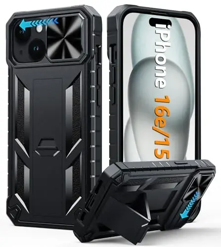 FNTCASE for iPhone 15 Protective Phone-Case: for iPhone 16e Military Grade Dropproof Phone Cover with Kickstand & Slide | Heavy Duty Rugged Phonecase Bumper Textured (Black) - 1