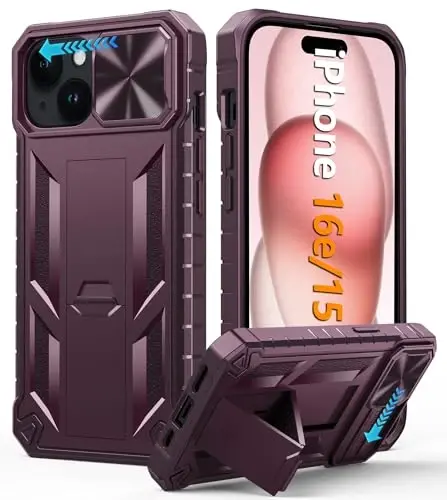 FNTCASE for iPhone 15 Protective Phone-Case: iPhone 16e/iPhone 14 Military Grade Dropproof Cell Phone Cover with Kickstand & Slide | Heavy Duty Rugged Phonecase Bumper Textured (Burgundy) - 1