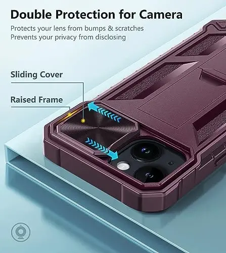 FNTCASE for iPhone 15 Protective Phone-Case: iPhone 16e/iPhone 14 Military Grade Dropproof Cell Phone Cover with Kickstand & Slide | Heavy Duty Rugged Phonecase Bumper Textured (Burgundy) - 3