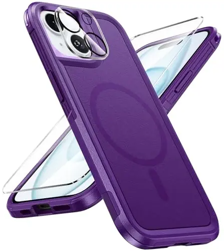FNTCASE for iPhone 15 Magnet Case: Magnetic Dual Layer Military Grade Drop Shockproof Protection Cell Phone Cover - Rugged Durable Heavy Duty Protective Bumper Tough Purple - FNTCASE