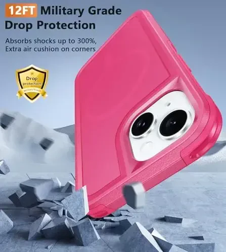 FNTCASE for iPhone 15 Magnet Case: Magnetic Dual Layer Military Grade Drop Shockproof Protection Cell Phone Cover - Rugged Durable Heavy Duty Protective Bumper Tough Hot Pink - 6