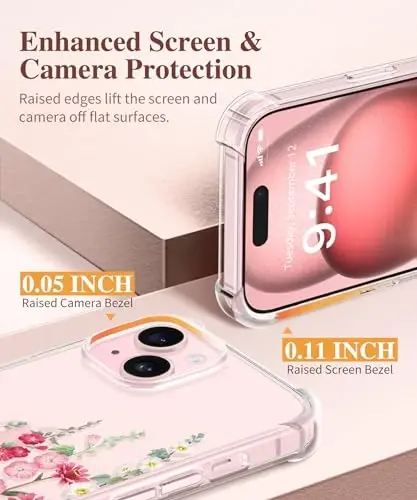 iPhone 15 için GVIEWIN Çiçekli Kılıf, Ekran Koruyucu ve Kamera Lens Koruyucu ile, [Sararmaz] Yumuşak Darbeye Dayanıklı Şeffaf Kadın Telefon Koruyucu Kapak, Çiçek Desenli Tasarım 6.1