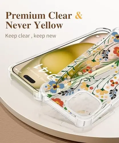 iPhone 15 için GVIEWIN Çiçekli Kılıf, Ekran Koruyucu ve Kamera Lensi Koruyucu ile, [Sararma Yapmaz] Kadınlar için Yumuşak Darbeye Dayanıklı Şeffaf Telefon Koruyucu Kılıf, Çiçek Desenli Tasarım 6.1