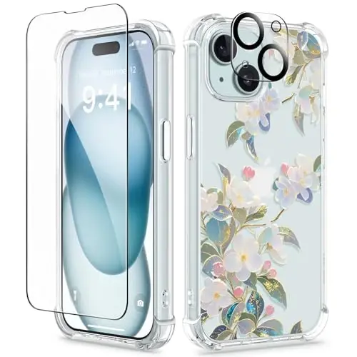 iPhone 15 için GVIEWIN Çiçekli Kılıf, Ekran Koruyucu ve Kamera Lensi Koruyucu ile, [Sararma Yapmaz] Kadınlar için Yumuşak Darbeye Dayanıklı Şeffaf Telefon Koruyucu Kılıf, Çiçek Desenli Tasarım 6.1