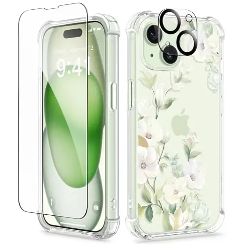 iPhone 15 için GVIEWIN Çiçekli Kılıf, Ekran Koruyucu ve Kamera Lensi Koruyucu ile, [Sararma Yapmaz] Kadınlar için Yumuşak Darbeye Dayanıklı Şeffaf Telefon Koruyucu Kılıf, Çiçek Desenli Tasarım 6.1