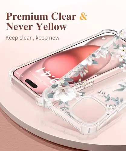 iPhone 15 için GVIEWIN Çiçekli Kılıf, Ekran Koruyucu ve Kamera Lensi Koruyucu ile, [Sararma Yapmaz] Yumuşak Darbe Emici Şeffaf Kadın Telefon Kılıfı, Çiçek Desenli Tasarım 6.1