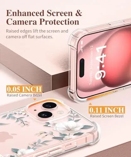 iPhone 15 için GVIEWIN Çiçekli Kılıf, Ekran Koruyucu ve Kamera Lensi Koruyucu ile, [Sararma Yapmaz] Yumuşak Darbe Emici Şeffaf Kadın Telefon Kılıfı, Çiçek Desenli Tasarım 6.1