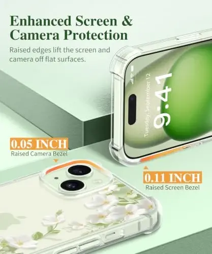 GVIEWIN for iPhone 15 Case Floral, with Screen Protector&Camera Lens Protector,[Non Yellowing] Soft Shockproof Clear Phone Protective Cover for Women, Flower Pattern Design 6.1