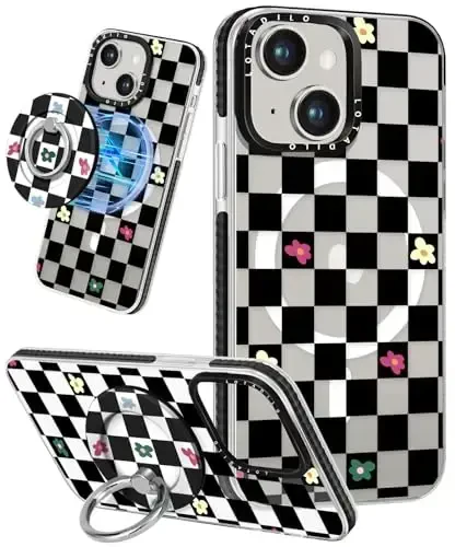 Lotadilo for iPhone 15 Case for Women - Girls Kawaii Design Compatible with Magsafe Magnetic Ring Holder Stand Black Flower Phone Covers Aesthetic Girly TPU Funda for 15 