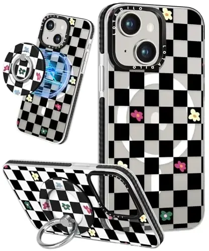 Lotadilo for iPhone 15 Case for Women - Girls Kawaii Design Compatible with Magsafe Magnetic Ring Holder Stand Black Flower Phone Covers Aesthetic Girly TPU Funda for 15 