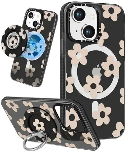 Lotadilo for iPhone 15 Case for Women - Girls Kawaii Design Compatible with Magsafe Magnetic Ring Holder Stand Flowers Phone Covers Aesthetic Girly TPU Funda for 15 - LOTADILO