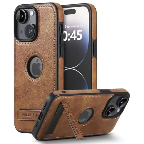 KSELF Leather Case for iPhone 15, Thin Flexible Soft Grip Luxury Cover, Protective Slim with Kickstand Shockproof Phone Case, Brown - KSELF