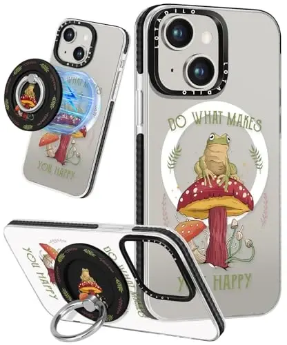 Lotadilo for iPhone 15 Case for Women - Girls Kawaii Design Compatible with Magsafe Magnetic Ring Holder Stand Mushroom Frog Phone Covers Aesthetic Girly TPU Funda for 15 - 1