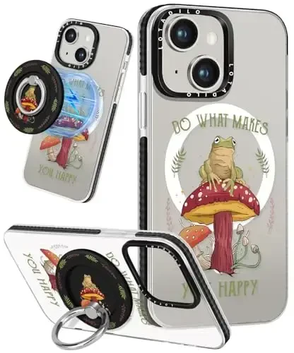 Lotadilo for iPhone 15 Case for Women - Girls Kawaii Design Compatible with Magsafe Magnetic Ring Holder Stand Mushroom Frog Phone Covers Aesthetic Girly TPU Funda for 15 - LOTADILO