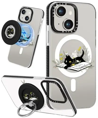 iPhone 15 için Lotadilo Kadın Kılıfı - Kız Çocukları Kawaii Tasarımı Magsafe Manyetik Yüzük Tutucu Standı ile Uyumlu Kedi Çiçek Telefon Kılıfları Estetik Kız TPU Funda 15 - 1