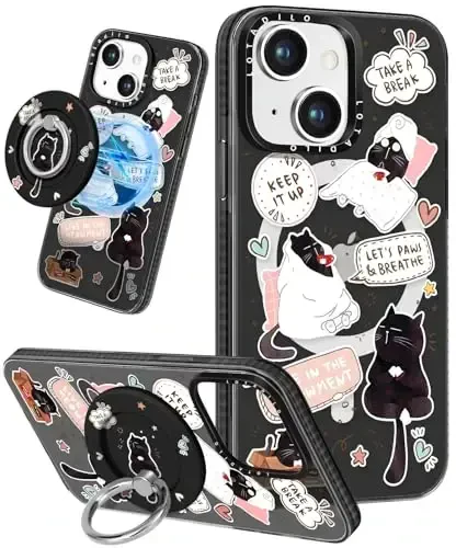 Lotadilo for iPhone 15 Case for Women - Girls Kawaii Design Compatible with Magsafe Magnetic Ring Holder Stand Black Cat Phone Covers Aesthetic Girly TPU Funda for 15 