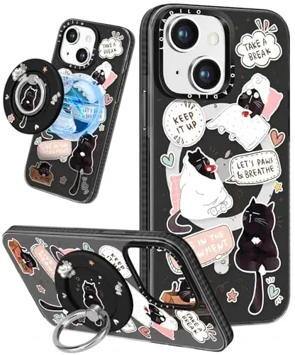 Lotadilo for iPhone 15 Case for Women - Girls Kawaii Design Compatible with Magsafe Magnetic Ring Holder Stand Black Cat Phone Covers Aesthetic Girly TPU Funda for 15 - 1