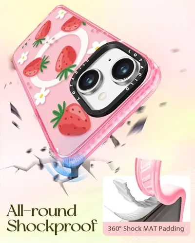 iPhone 15 için Lotadilo Kadın Kılıfı - Magsafe Manyetik Halka Tutucu Standlı Kız Kawaii Tasarımı Çilek Çiçek Telefon Kılıfları Estetik Kız TPU Funda 15 - 6