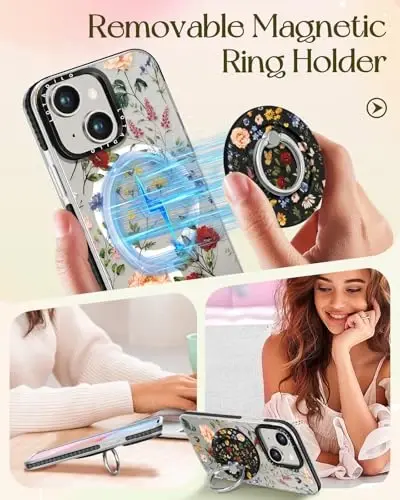 Lotadilo for iPhone 15 Case for Women - Girls Kawaii Design Compatible with Magsafe Magnetic Ring Holder Stand Retro Flower Phone Covers Aesthetic Girly TPU Funda for 15 - 4