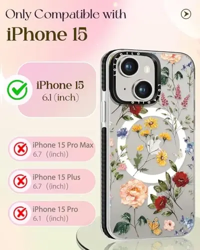 iPhone 15 için Lotadilo Kılıfı - Kadınlar için Kız Çocuk Kawaii Tasarımı Magsafe Manyetik Halka Tutucu Standı ile Uyumlu Retro Çiçek Telefon Kılıfları Estetik Kız TPU Funda 15 - 2