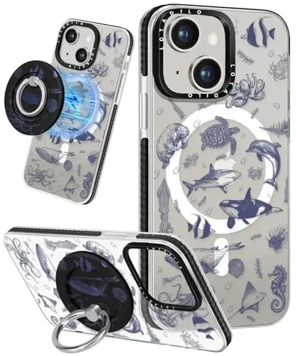 Lotadilo for iPhone 15 Case for Women - Girls Kawaii Design Compatible with Magsafe Magnetic Ring Holder Stand Sea Fish Phone Covers Aesthetic Girly TPU Funda for 15 