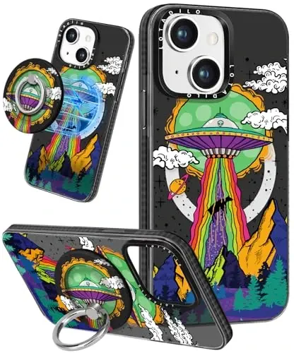 Lotadilo for iPhone 15 Case for Women - Girls Kawaii Design Compatible with Magsafe Magnetic Ring Holder Stand UFO Alien Phone Covers Aesthetic Girly TPU Funda for 15 