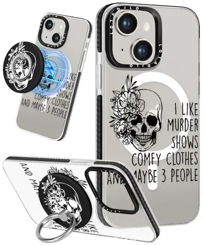 Lotadilo for iPhone 15 Case for Women - Girls Kawaii Design Compatible with Magsafe Magnetic Ring Holder Stand Skull Skeleton Phone Covers Aesthetic Girly TPU Funda for 15 - 1