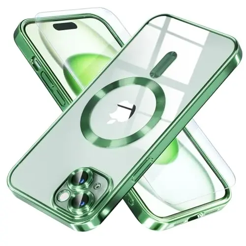 Misea Magnetic for iPhone 15 Case Compatible with MagSafe [Never Yellowing] [Military Grade Drop Protection] Full Camera Lens Protector Plating Soft Clear Phone Case for Women, Green - 1