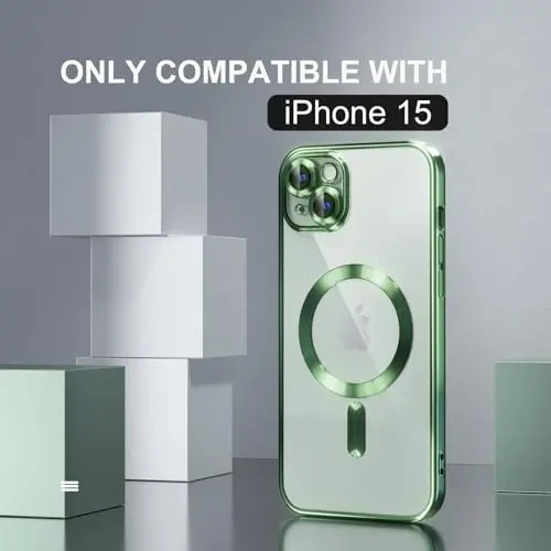 Misea Magnetic for iPhone 15 Case Compatible with MagSafe [Never Yellowing] [Military Grade Drop Protection] Full Camera Lens Protector Plating Soft Clear Phone Case for Women, Green - MISEA (1)