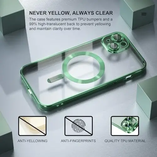 Misea Magnetic for iPhone 15 Case Compatible with MagSafe [Never Yellowing] [Military Grade Drop Protection] Full Camera Lens Protector Plating Soft Clear Phone Case for Women, Green - 3