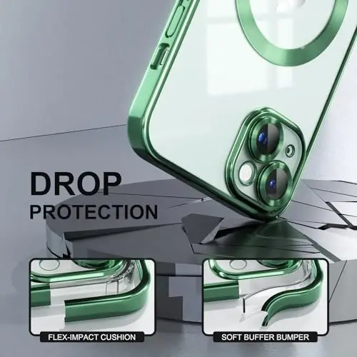 Misea Magnetic for iPhone 15 Case Compatible with MagSafe [Never Yellowing] [Military Grade Drop Protection] Full Camera Lens Protector Plating Soft Clear Phone Case for Women, Green - 4
